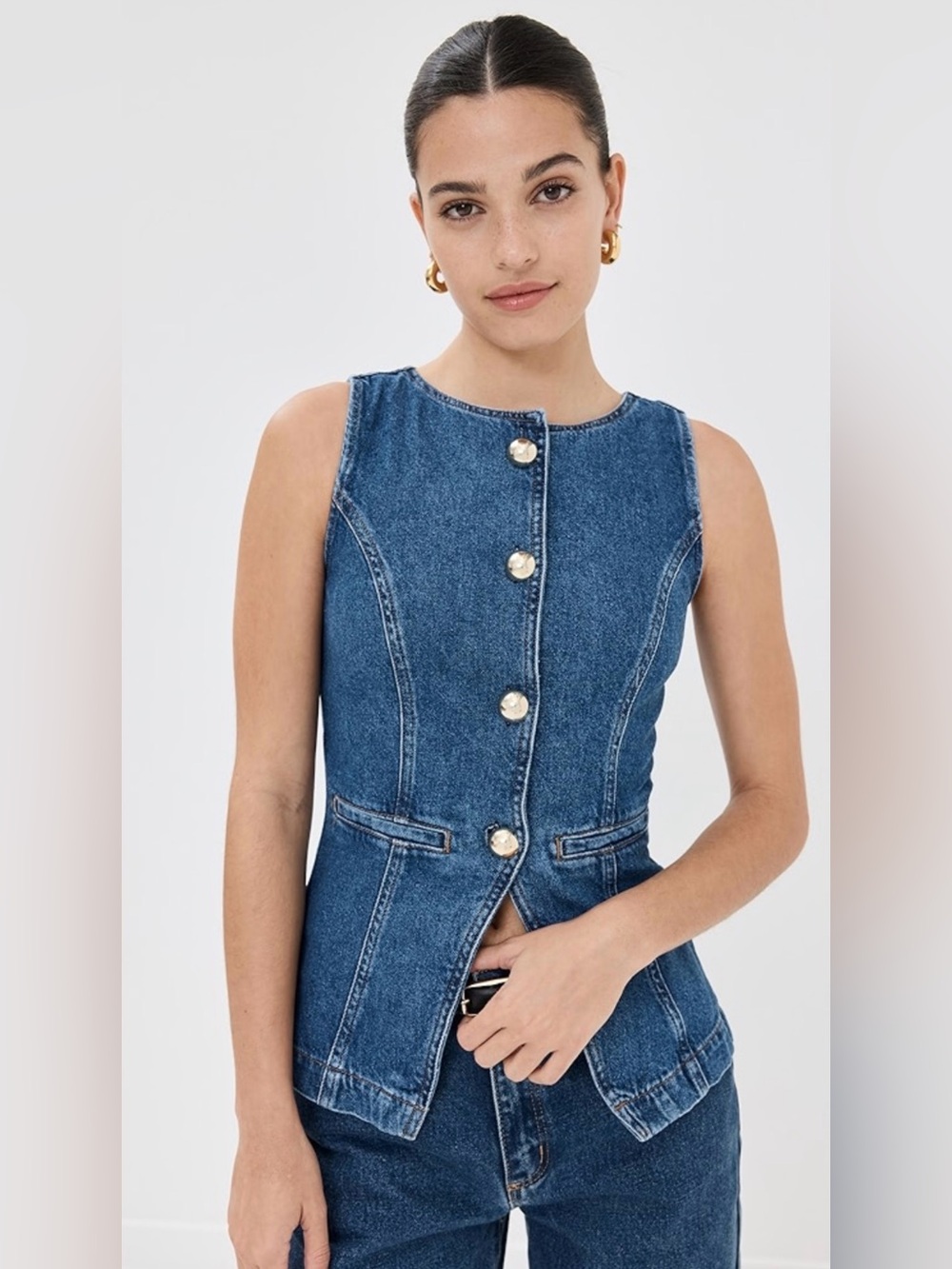 Reformation Dark Blue Denim Button-Front Jeans Ophelia denim Top NWT - Picture 7 of 12